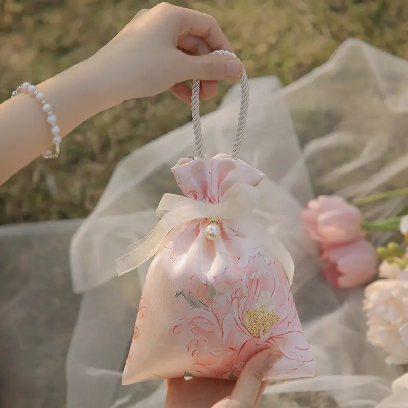 Beautiful Bow Flower Drawstring Gift Tote Bag Pouch Ladies Wedding Holiday Party Candy Jewelry Lipstick Gift Organizer Handbag