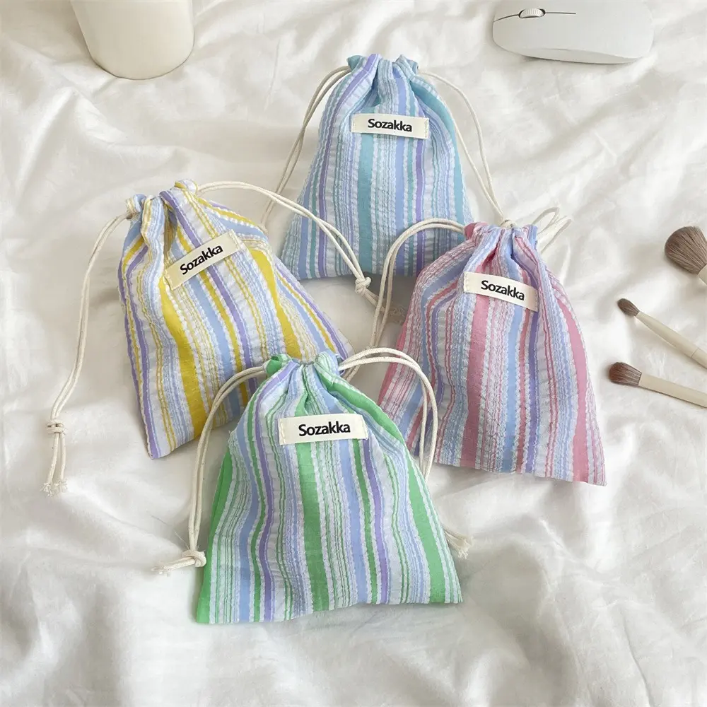 Cute Striped Drawstring Bag Travel Cosmetic Organizer for Lipstick Key Card Coin Purse