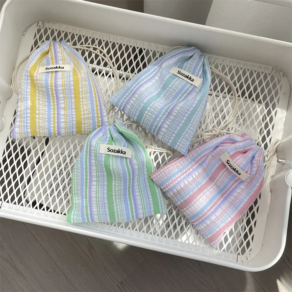 Cute Striped Drawstring Bag Travel Cosmetic Organizer for Lipstick Key Card Coin Purse