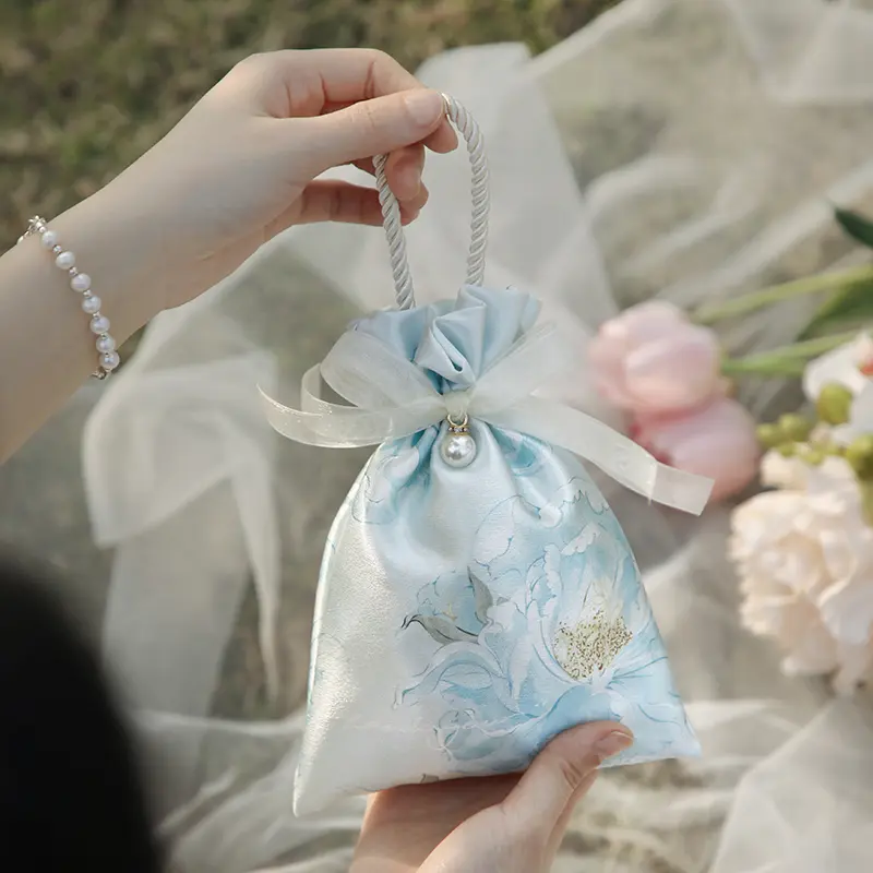 Beautiful Bow Flower Drawstring Gift Tote Bag Pouch Ladies Wedding Holiday Party Candy Jewelry Lipstick Gift Organizer Handbag