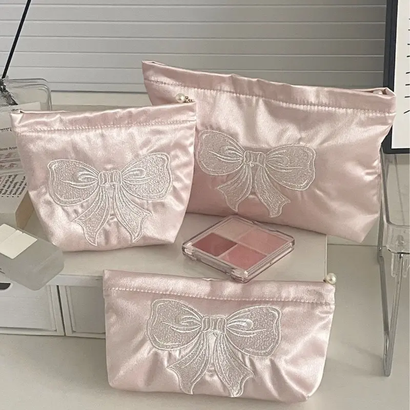 Pink Bow Cosmetic Bag Zipper Cute Embroidered Toiletry Organizer Makeup Bags Multifunctional Women Lipstick Key Coin Purse Pouch