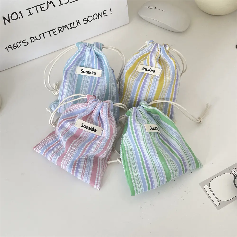 Cute Striped Drawstring Bag Travel Cosmetic Organizer for Lipstick Key Card Coin Purse