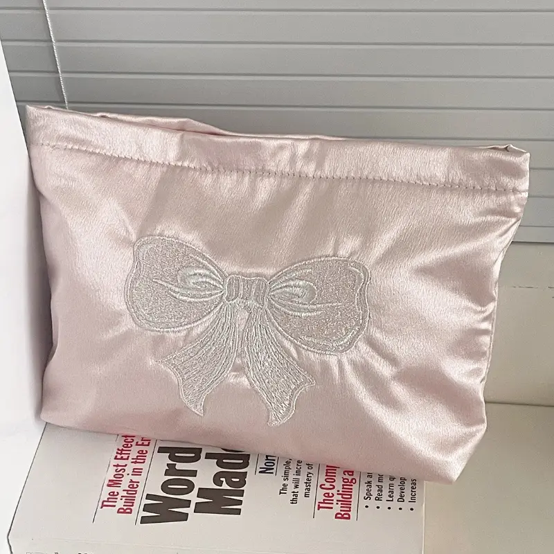 Pink Bow Cosmetic Bag Zipper Cute Embroidered Toiletry Organizer Makeup Bags Multifunctional Women Lipstick Key Coin Purse Pouch