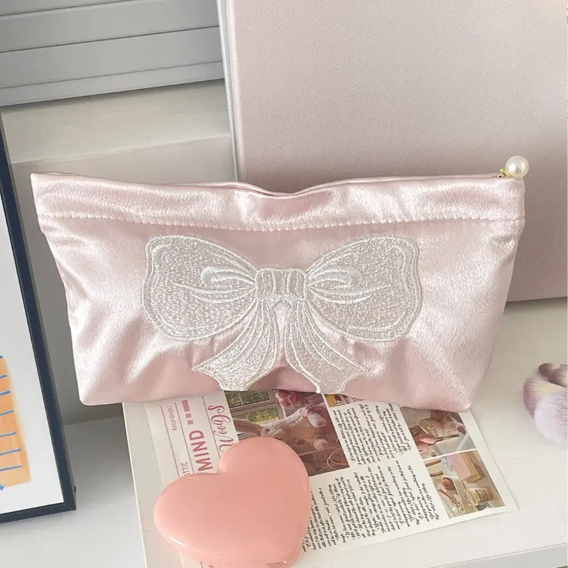 Pink Bow Cosmetic Bag Zipper Cute Embroidered Toiletry Organizer Makeup Bags Multifunctional Women Lipstick Key Coin Purse Pouch