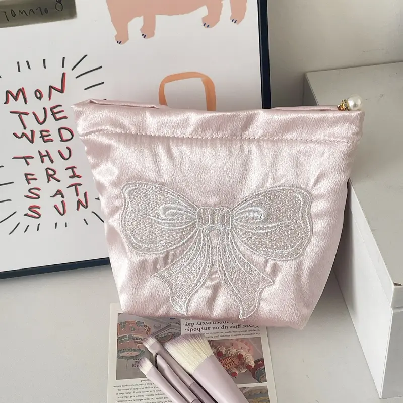 Pink Bow Cosmetic Bag Zipper Cute Embroidered Toiletry Organizer Makeup Bags Multifunctional Women Lipstick Key Coin Purse Pouch