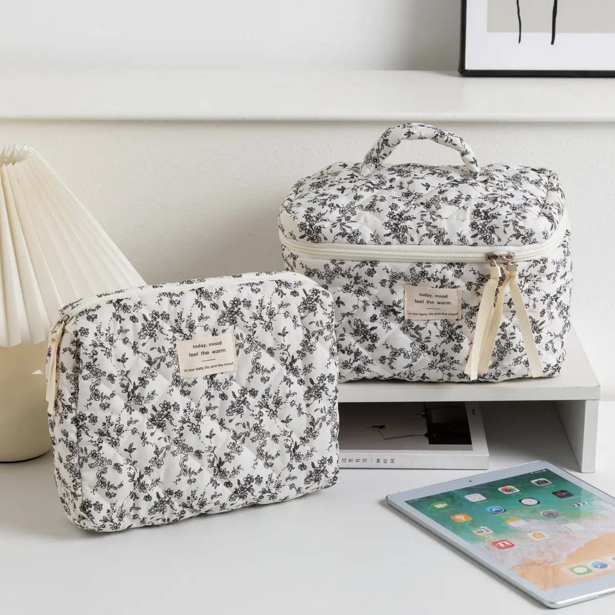 Fashion Black Flower Women Cosmetic Bags Handbag Travel Organizer Cosmetic Makeup Storage Pouch Portable Zipper Tote Bag