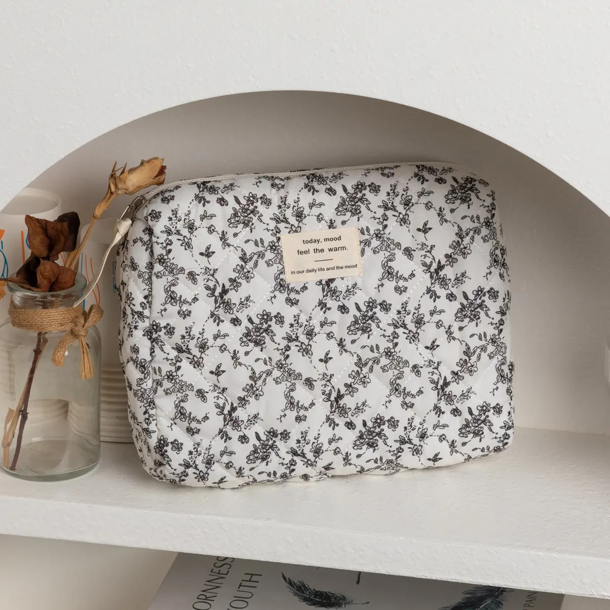Fashion Black Flower Women Cosmetic Bags Handbag Travel Organizer Cosmetic Makeup Storage Pouch Portable Zipper Tote Bag
