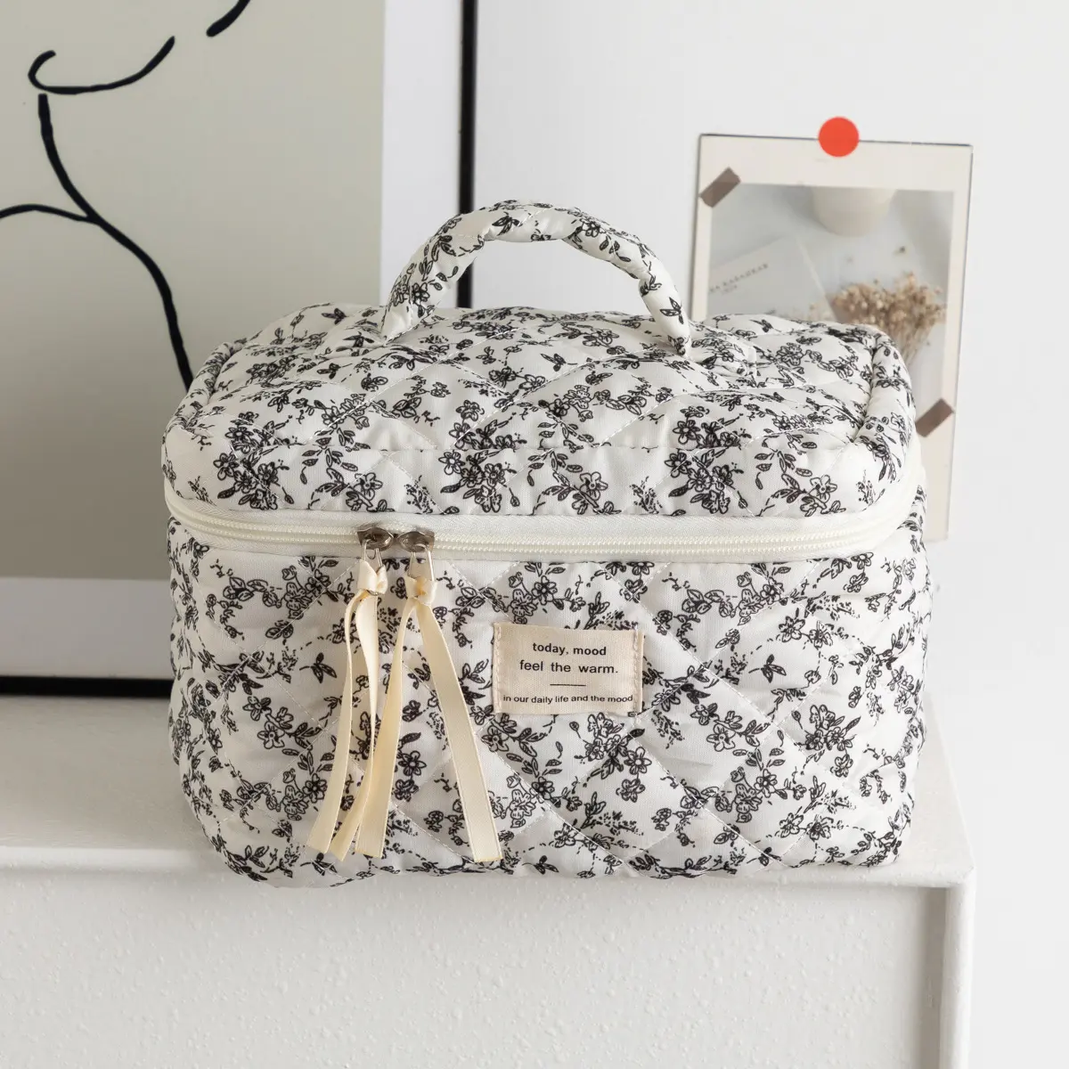 Fashion Black Flower Women Cosmetic Bags Handbag Travel Organizer Cosmetic Makeup Storage Pouch Portable Zipper Tote Bag