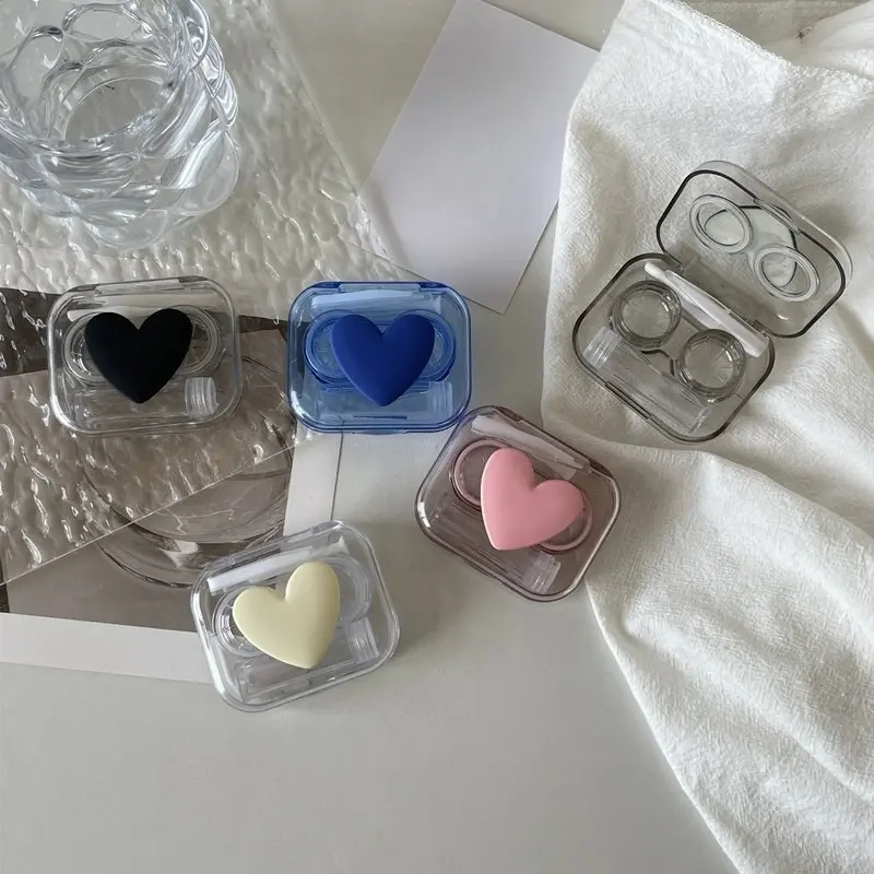 Contact Lens Cases Pink Transparent Love Bow Contact Lens Case Girl Portable Beauty Pupil Storage Box Travel Eye Care Container