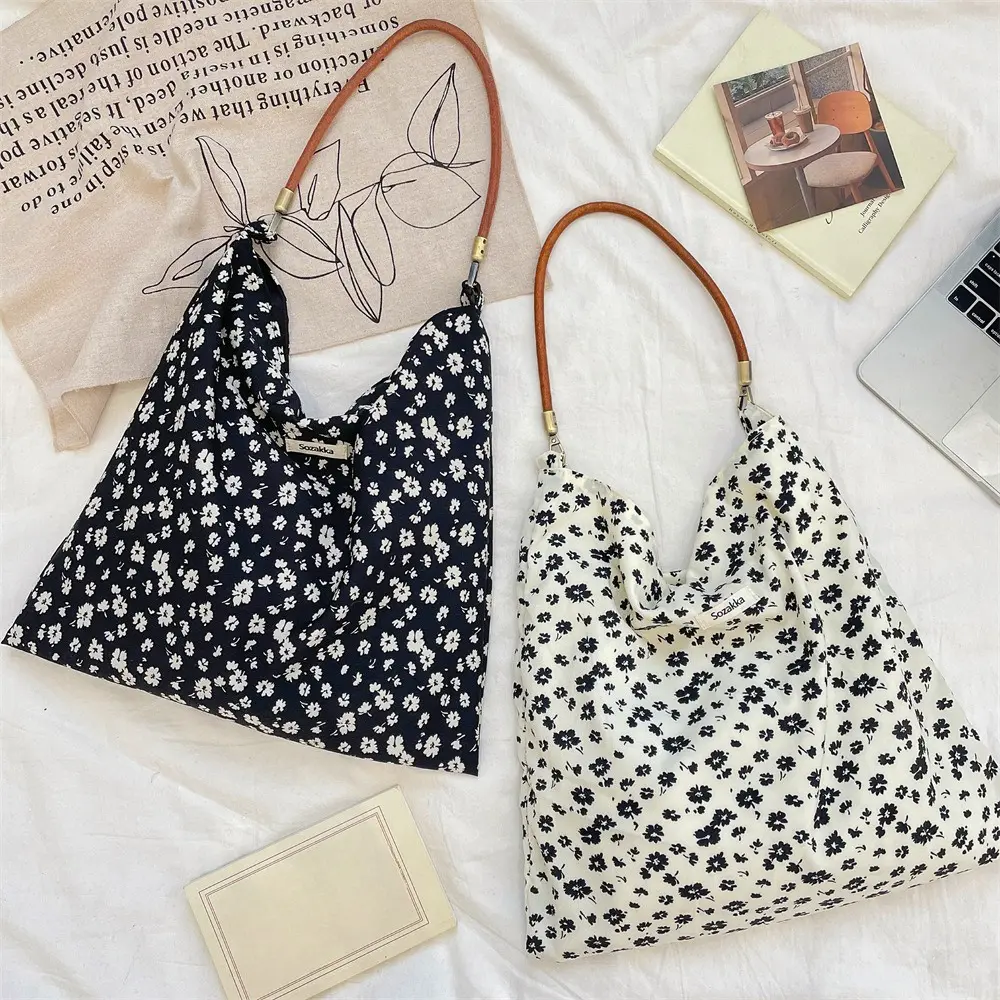 Korean Retro Floral Shoulder Bag Women Tote Handbag High Quality Reusable Shopping Purse