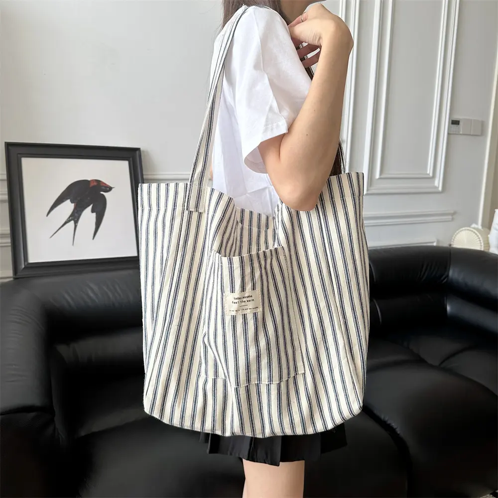 Vintage Striped Women Shoulder Bag Large Capacity Reusable Canvas Tote Handbag