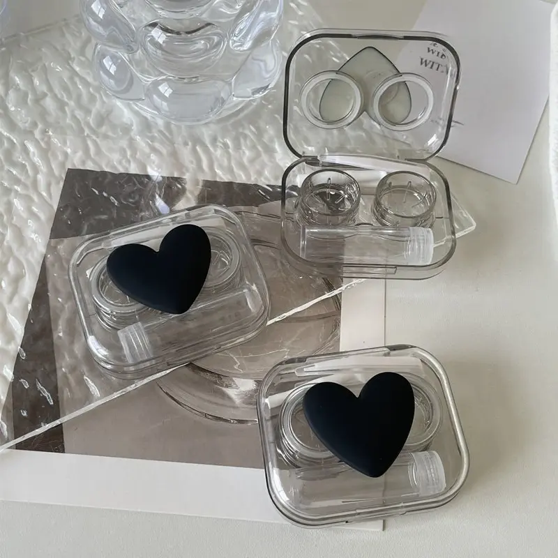 Contact Lens Cases Pink Transparent Love Bow Contact Lens Case Girl Portable Beauty Pupil Storage Box Travel Eye Care Container