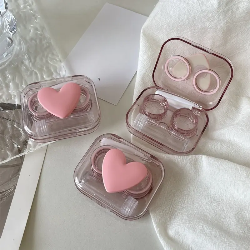 Contact Lens Cases Pink Transparent Love Bow Contact Lens Case Girl Portable Beauty Pupil Storage Box Travel Eye Care Container