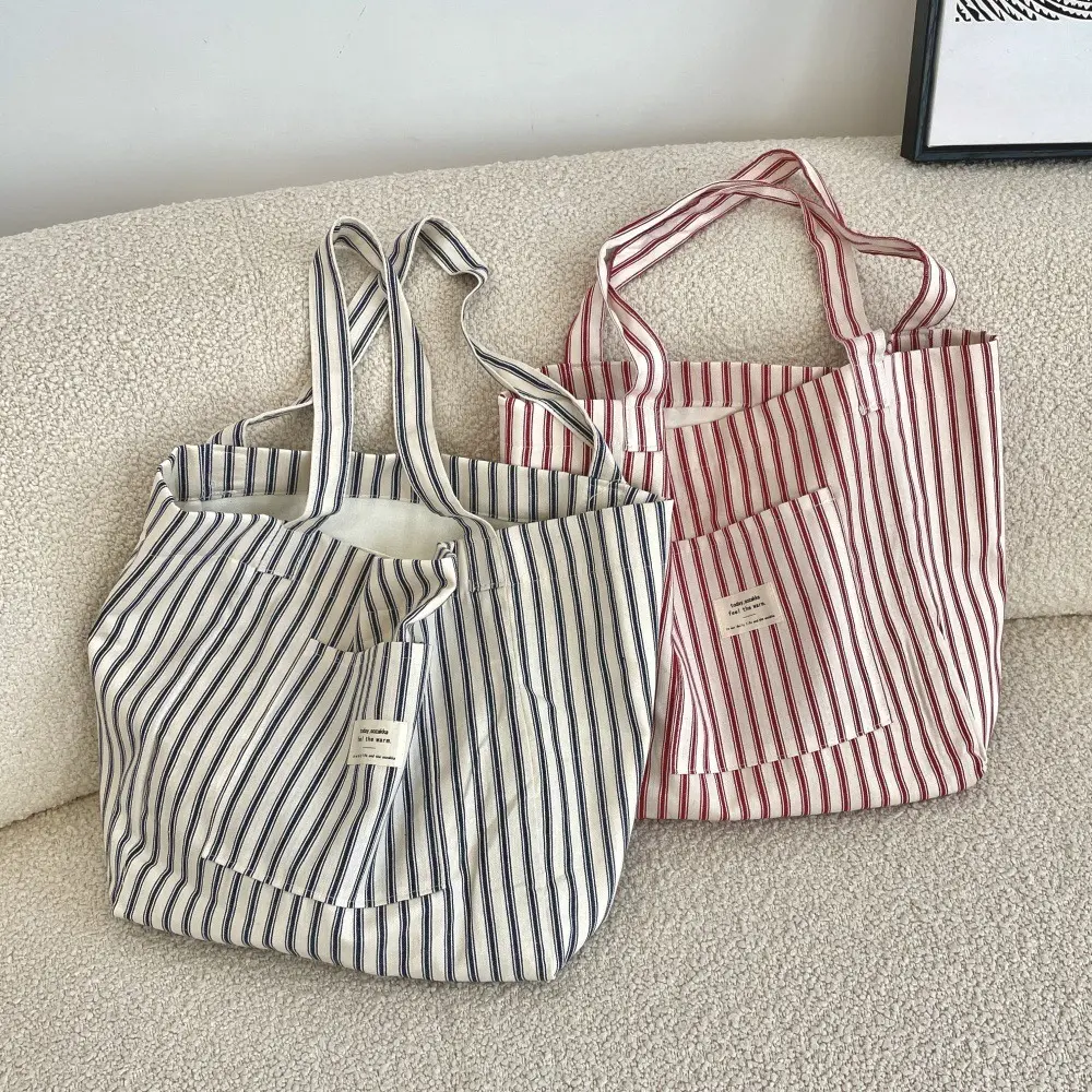 Vintage Striped Women Shoulder Bag Large Capacity Reusable Canvas Tote Handbag