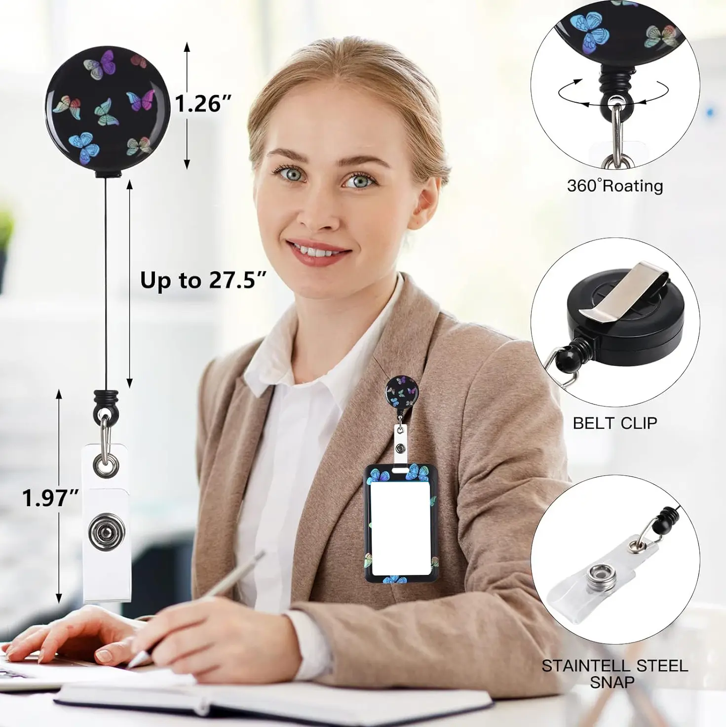 Black ID Working Card Cover Case with Retractable Badge Reel Lanyard ID Name Badge Holder Chest Tag Work Pass Card Sleeve