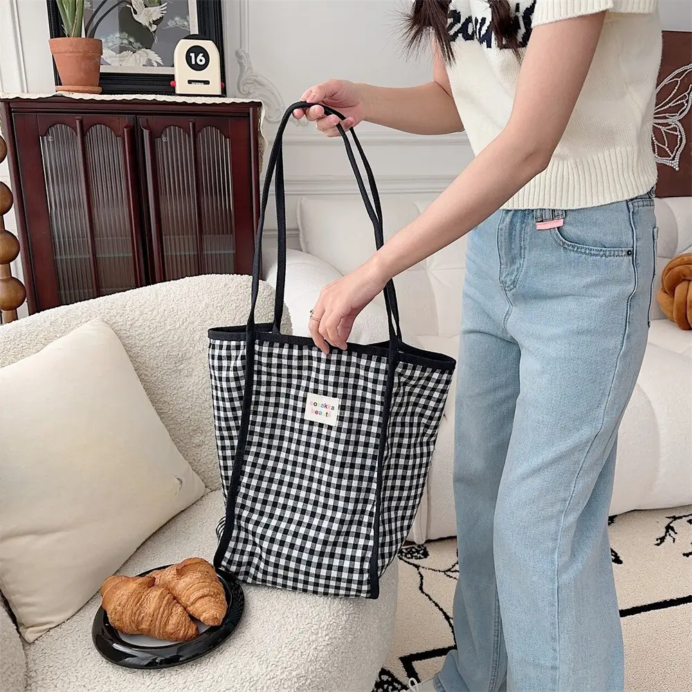 Korean Style Retro Plaid Shoulder Bag Canvas Handbags for Women Large Capacity Shopping Tote Bags Female Student Book Bag