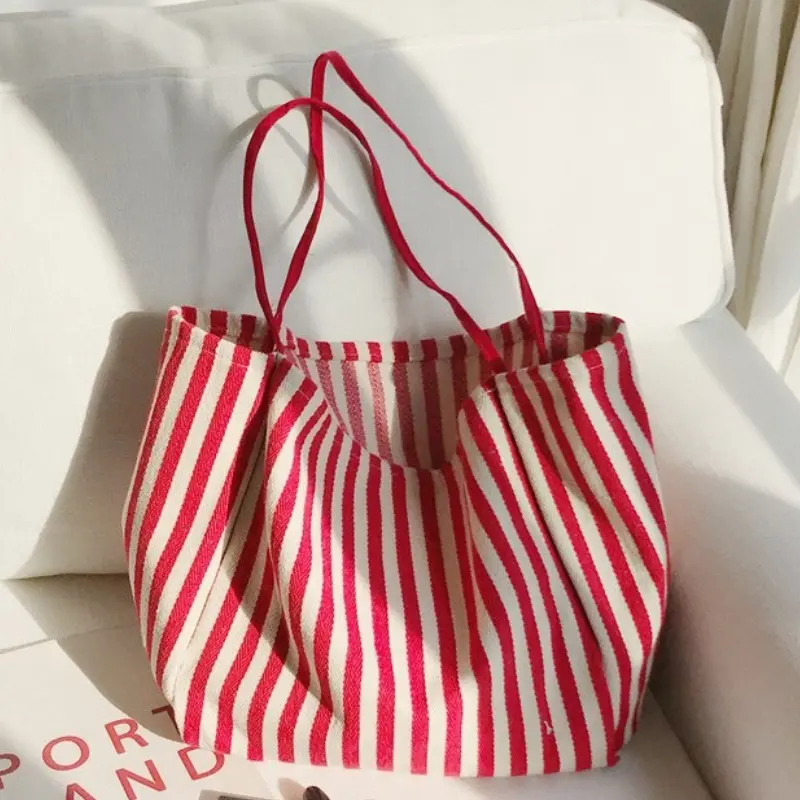New Stripe Canvas Single Shoulder Bag for Women Large Capacity Casual Tote Bag Travel Storage Handbag Shopping Bag