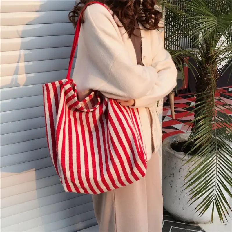 New Stripe Canvas Single Shoulder Bag for Women Large Capacity Casual Tote Bag Travel Storage Handbag Shopping Bag