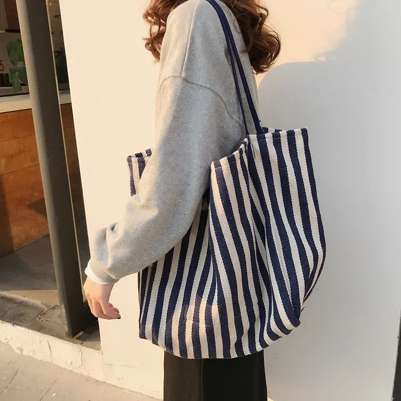 New Stripe Canvas Single Shoulder Bag for Women Large Capacity Casual Tote Bag Travel Storage Handbag Shopping Bag