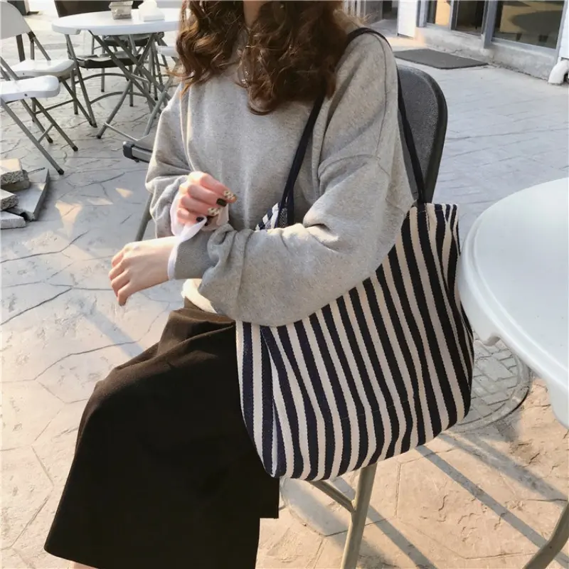 New Stripe Canvas Single Shoulder Bag for Women Large Capacity Casual Tote Bag Travel Storage Handbag Shopping Bag