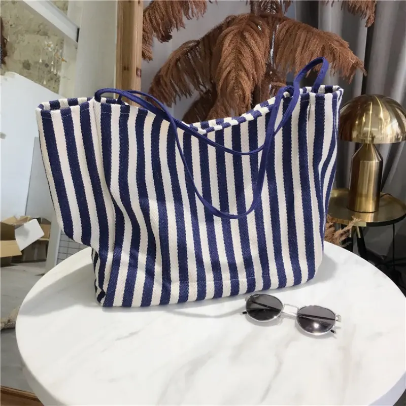New Stripe Canvas Single Shoulder Bag for Women Large Capacity Casual Tote Bag Travel Storage Handbag Shopping Bag