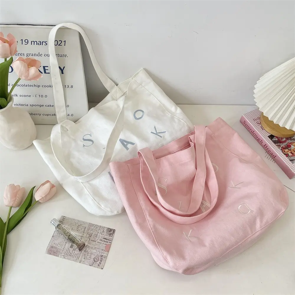 Embroidered Canvas Bags Women Handbags Large Capacity Grocery Shopping Shoulder Bag Casual Tote Bag