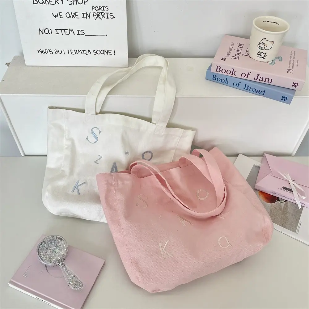 Embroidered Canvas Bags Shopper Shoulder Bag Large Capacity Women Handbags Shopping Tote Casual Women Grocery Shopping Bag
