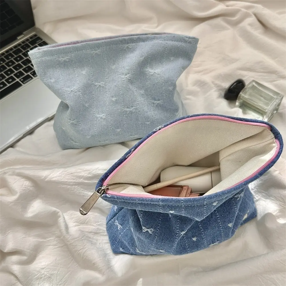 Women Fashion Bow Makeup Bag Large Capacity Zipper Cosmetic Storage Pouch Handbag Portable Ladies Zipper Clutch Bag