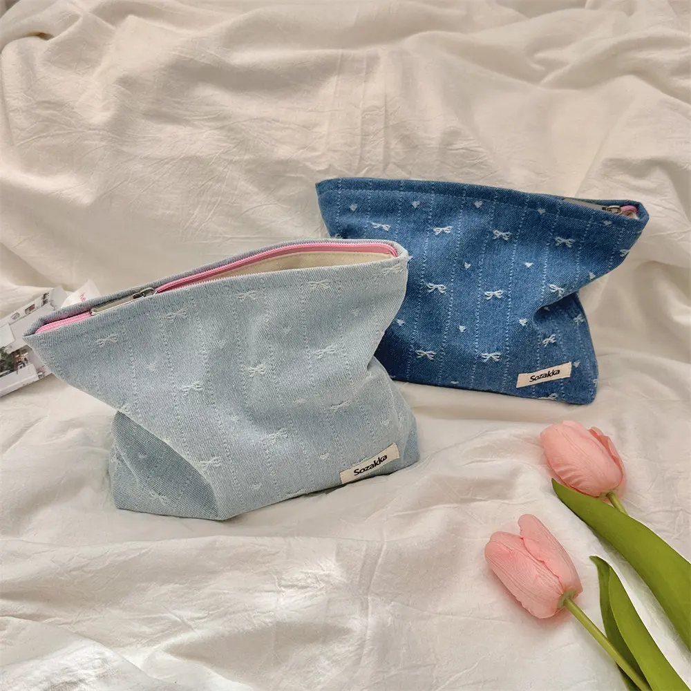 Women Fashion Bow Makeup Bag Large Capacity Zipper Cosmetic Storage Pouch Handbag Portable Ladies Zipper Clutch Bag