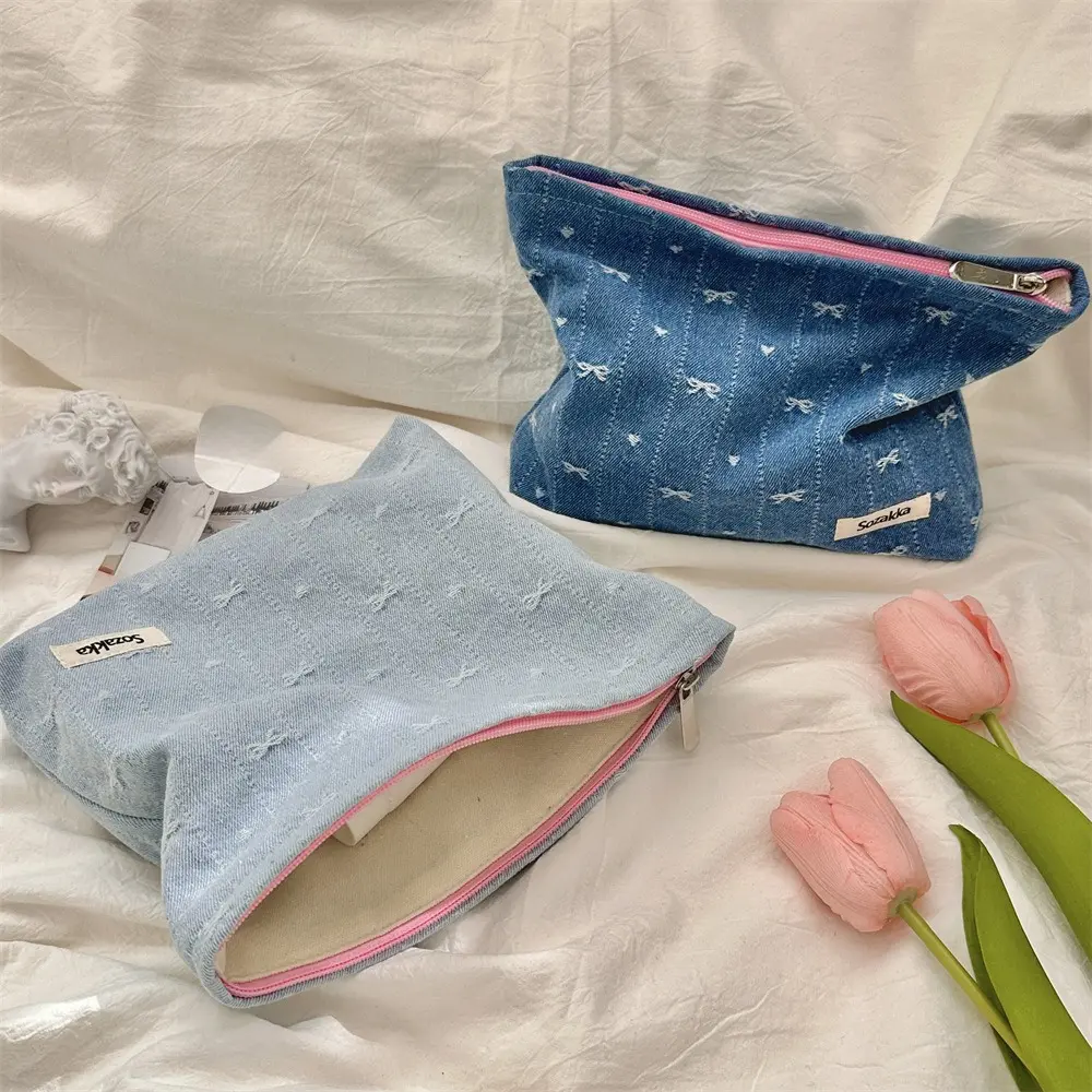 Women Fashion Bow Makeup Bag Large Capacity Zipper Cosmetic Storage Pouch Handbag Portable Ladies Zipper Clutch Bag