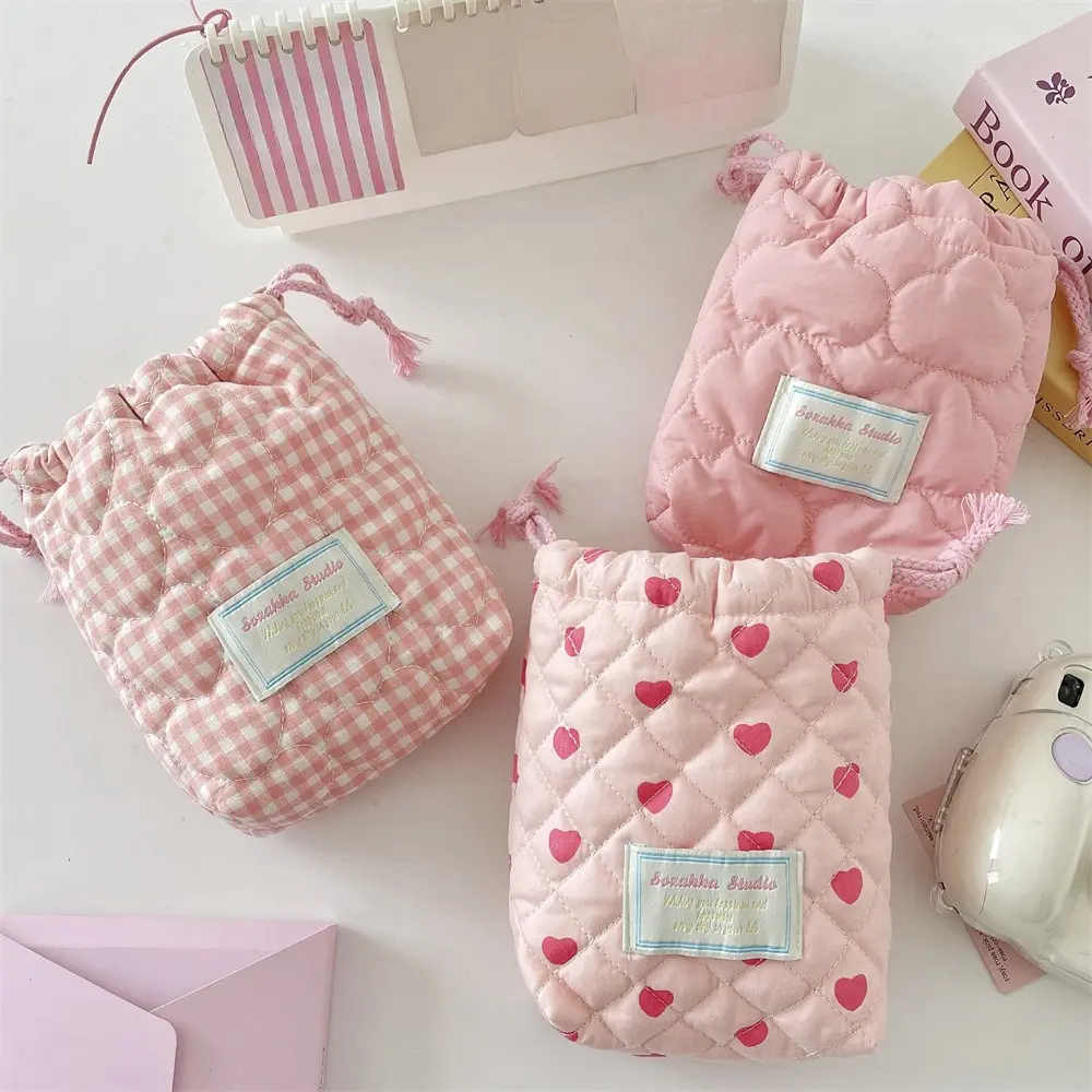 Korean Fashion Drawstring Bag Heart Handbag Women Wallets Portable Travel Cosmetic Makeup Lipstick Storage Bag