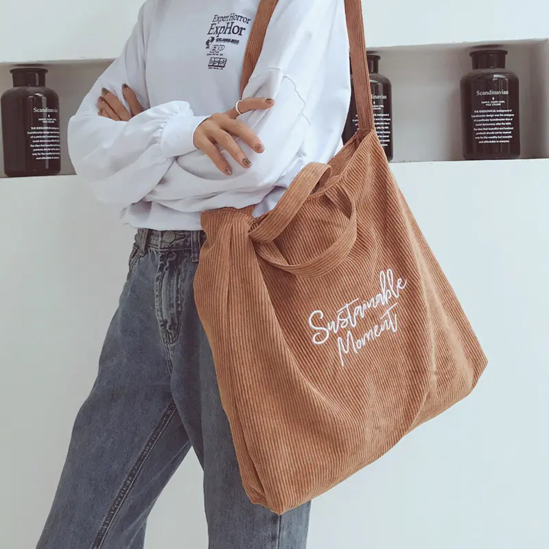 Women Corduroy Shoulder Bag Embroidery Stripes Canvas Cloth Purse Female Crossbody Messenger Bags Lady Books Tote Large Handbag