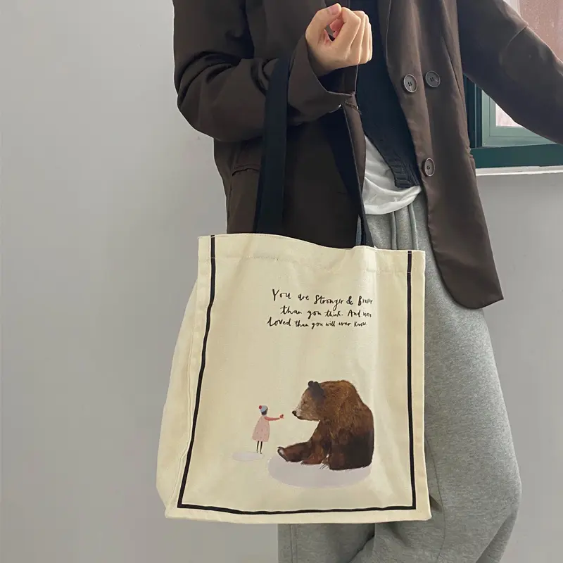 Women Canvas Shoulder Bags Girl and Bear Print Cute Books Tote For College Student Eco Shopping Bag Cotton Cloth Purse Handbag