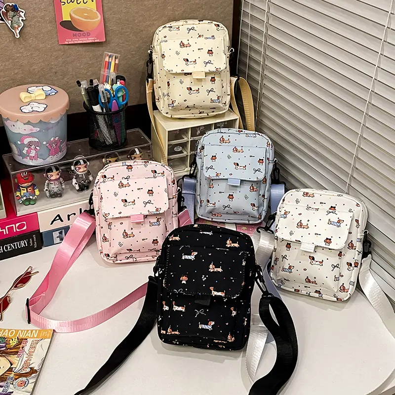 Women Small Nylon Shoulder Bag Cartoon Dachshund Print Female Mini Crossbody Messenger Bags Girl Cute Cloth Purse Square Handbag