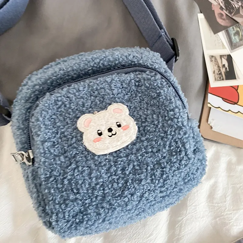 Cute Bear Print Women Small Plush Shoulder Bag Lamb Like Fabric Crossbody Bags Ladies Cloth Zipper Purse Mobile Phone Handbag