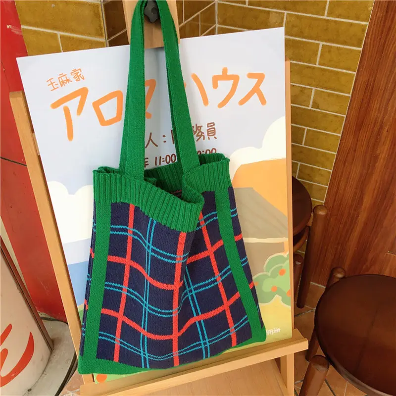 Women Knitting Wool Bag Contrast Color Checked Shoulder Bag Simple College Students Cloth Handbag Tote Winter Warm Woolen Bags