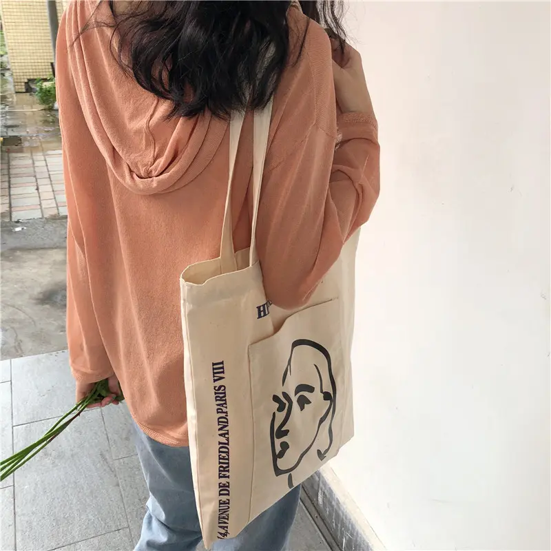 Women Canvas Shoulder Bag Large Capacity Books Tote Girl Stick Figure Print Handbag Eco Cotton Cloth Purse Ladies Shopping Bags