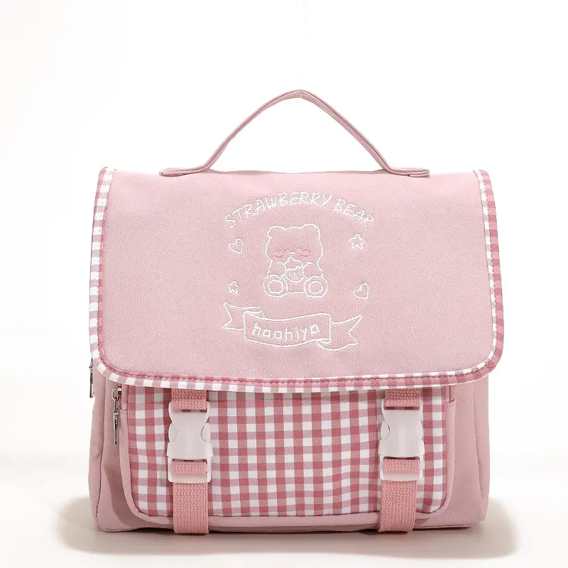 Junior Miss Shoulder Bag Women Cute Embroidery Bear Purse Checked Canvas Handbag School Books Tote Girl Crossbody Messenger Bags