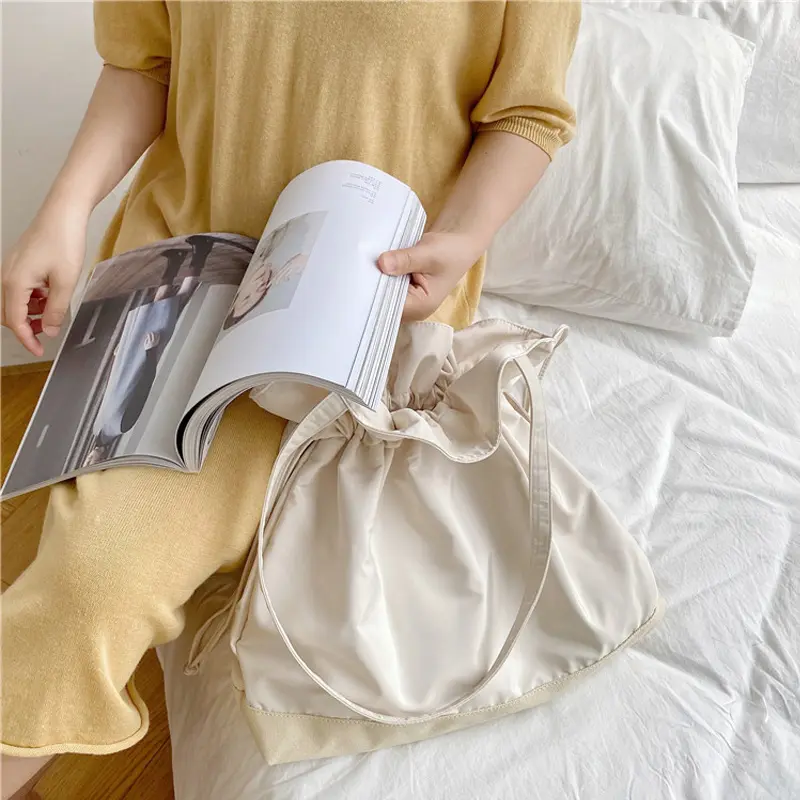 Patchwork Women Canvas Shoulder Bags Large Capacity Ruched Drawstring Design Cloth Handbag Tote Big Eco Shopping Bag For Girls