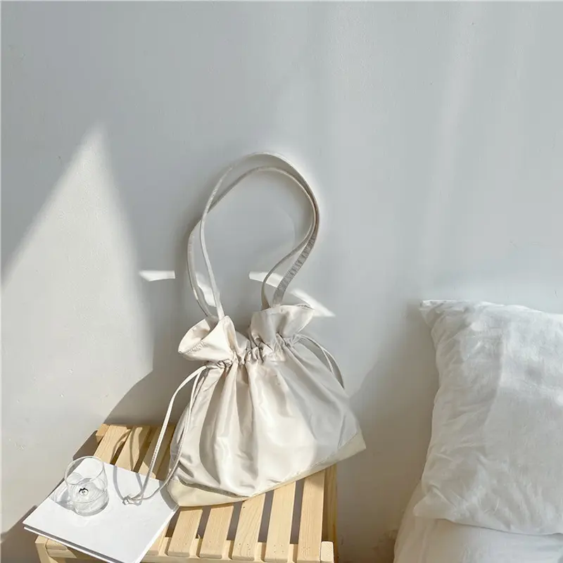 Patchwork Women Canvas Shoulder Bags Large Capacity Ruched Drawstring Design Cloth Handbag Tote Big Eco Shopping Bag For Girls