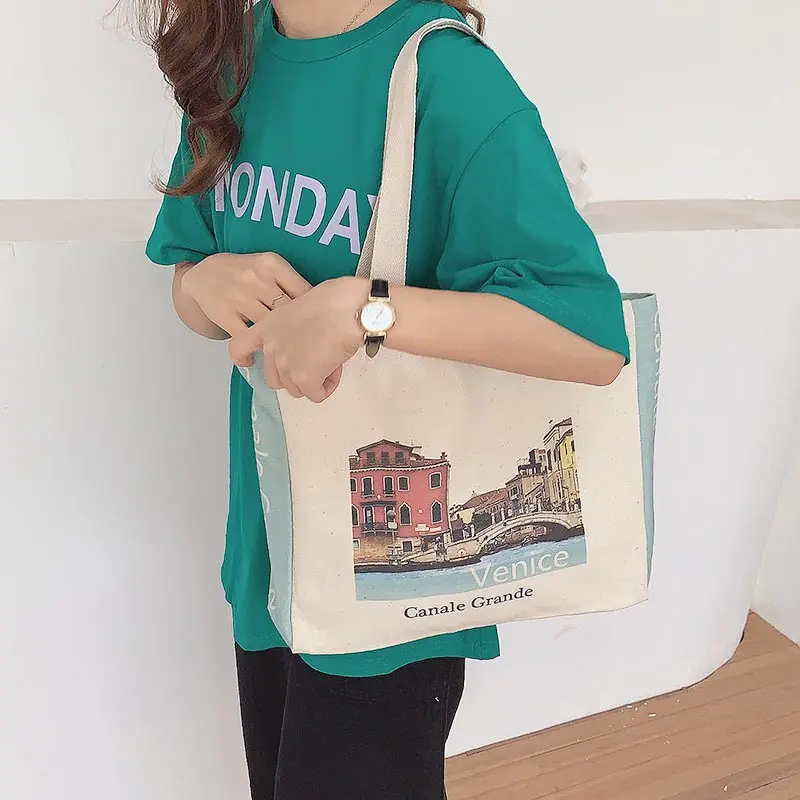 Venice Print Women Canvas Shoulder Bag Large Capacity Female Eco Cotton Purse Cloth Shopping Bags Girls Books Tote Cute Handbag