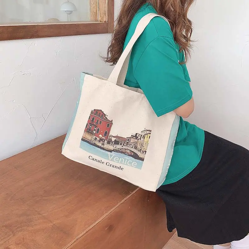 Venice Print Women Canvas Shoulder Bag Large Capacity Female Eco Cotton Purse Cloth Shopping Bags Girls Books Tote Cute Handbag