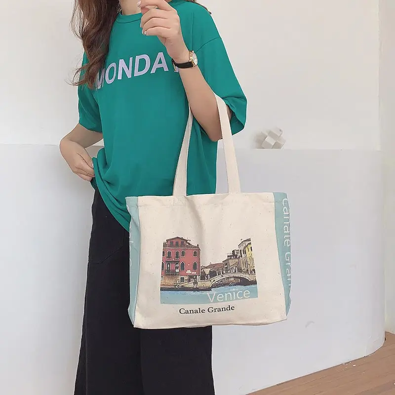 Venice Print Women Canvas Shoulder Bag Large Capacity Female Eco Cotton Purse Cloth Shopping Bags Girls Books Tote Cute Handbag