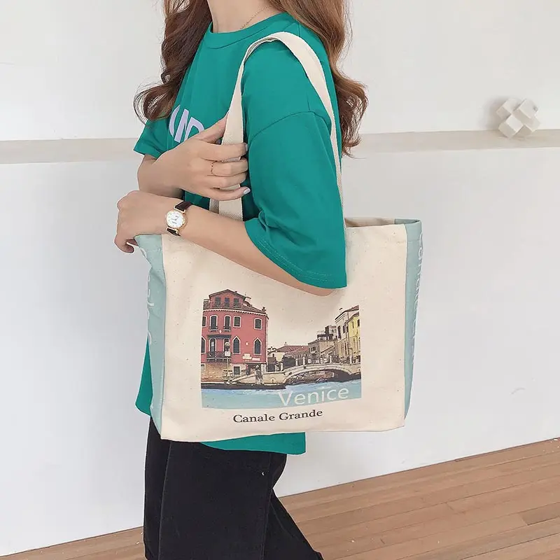 Venice Print Women Canvas Shoulder Bag Large Capacity Female Eco Cotton Purse Cloth Shopping Bags Girls Books Tote Cute Handbag