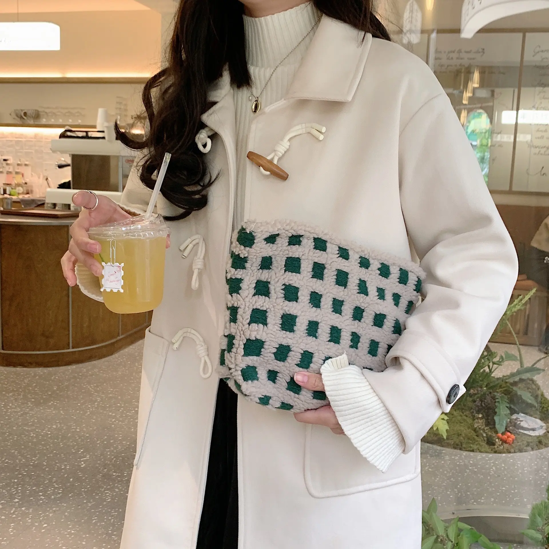 Waffle Checked Clutches Soft Poplin Fabric Women Zipper Cosmetic Organizer Cute Makeup Bag Small Make Up Purse Portable Handbag