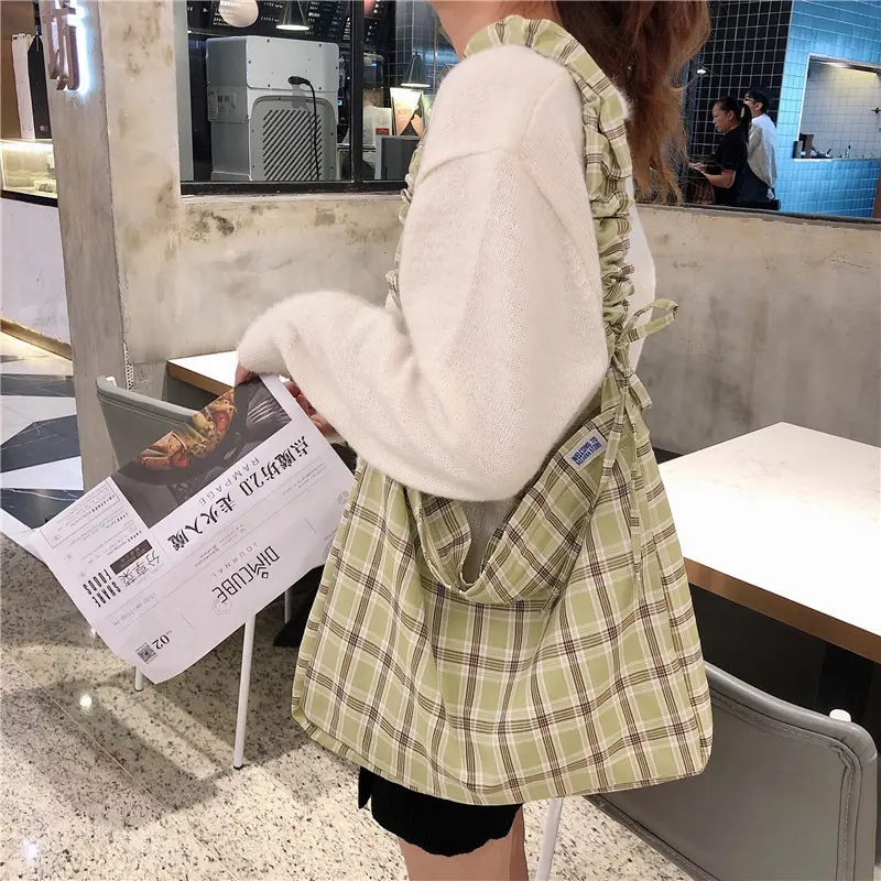 Women Plaid Large Capacity Shoulder Bag Drawstring Shoulder Design Messenger Bags Lady Canvas Crossbody Bag Cloth Handbag Purse