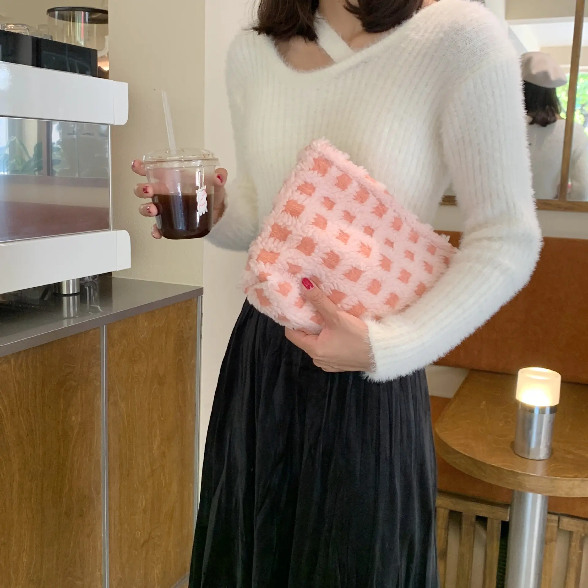 Waffle Checked Clutches Soft Poplin Fabric Women Zipper Cosmetic Organizer Cute Makeup Bag Small Make Up Purse Portable Handbag