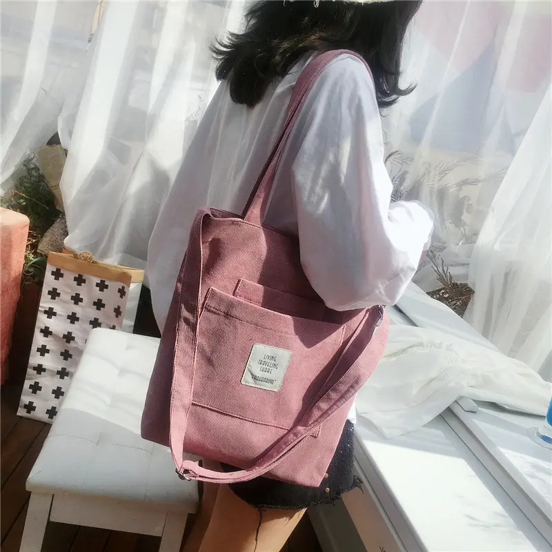Women Corduroy Tote Ladies Casual Canvas Shoulder Bag Soft Crossbody Messenger Bags Striped Cloth Purse Female Eco Books Handbag
