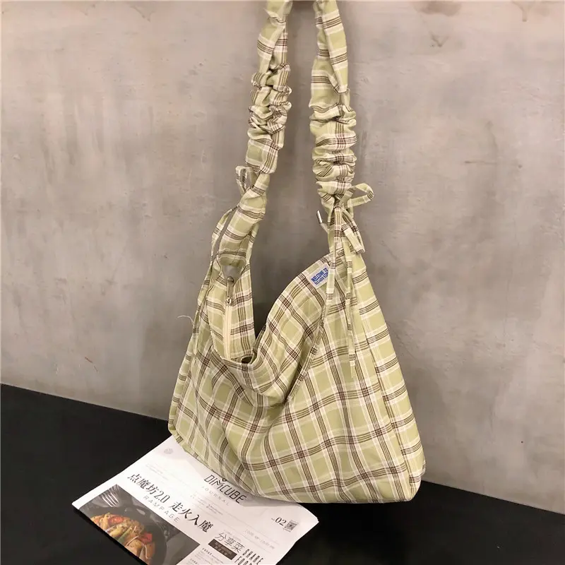 Women Plaid Large Capacity Shoulder Bag Drawstring Shoulder Design Messenger Bags Lady Canvas Crossbody Bag Cloth Handbag Purse