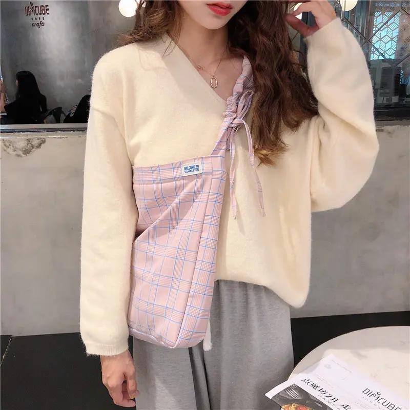 Women Plaid Large Capacity Shoulder Bag Drawstring Shoulder Design Messenger Bags Lady Canvas Crossbody Bag Cloth Handbag Purse